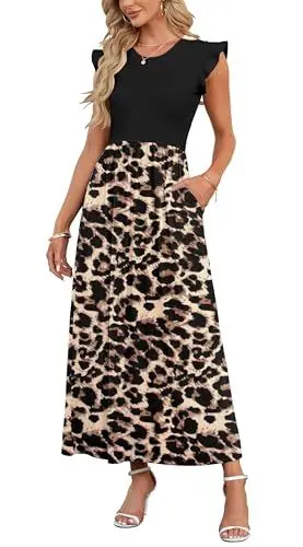 Produktbild: AUSELILY Damen Kurzarm Plissee Lässige Blumen Maxikleider mit Taschen Rundhalsausschnitt Freizeit Strandkleid Schwarzes Leopardenmuster Large