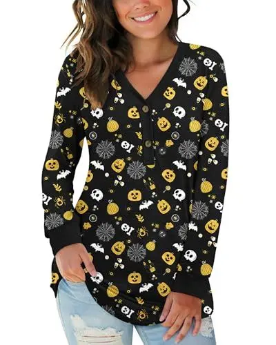 Produktbild: AUSELILY Damen Pullover Langarm V-Ausschnitt Knopf Tunika Oberteile Henley Blusen Kausales Lose T Shirts(Halloween Elemente,M)