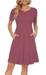 Produktbild: AUSELILY Kleider Damen Sommerkleid Blusenkleid A Linie Freizeitkleid Kurzarm Plissee Loose Swing Knielang Mauve M
