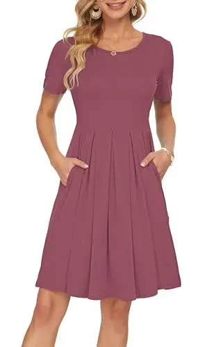 Produktbild: AUSELILY Kleider Damen Sommerkleid Blusenkleid A Linie Freizeitkleid Kurzarm Plissee Loose Swing Knielang Mauve M
