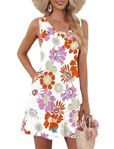 Produktbild: AUSELILY Kleider Damen Sommerkleid Rundhals A Linie Freizeitkleid ärmellose Loose Knielang mit Taschen Orange rosa Blumen M
