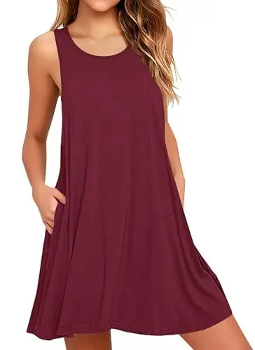 Produktbild: AUSELILY Kleider Damen Sommerkleid Rundhals A Linie Freizeitkleid ärmellose Loose Knielang mit Taschen Weinrot 2XL