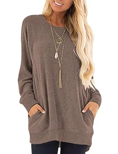 Produktbild: AUSELILY Pullover Damen Herbst Lässige Langärmliges Oberteil Rundhals Leichte Langarmshirt mit Taschen Kaffee 3XL