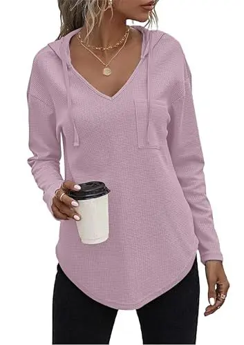 Produktbild: AUSELILY Pullover Damen Hoodie Langarm V Ausschnitt Pullover Sweatshirt Kapuzenpullover Drawstring Top Mit Taschen Hellrosa M