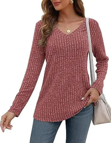 Produktbild: AUSELILY Pullover Damen V-Ausschnitt Sweatshirts Leichte Strickpullover Langarm Oberteile Langarmshirt Lässige Tops Damen