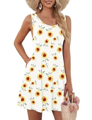 Produktbild: AUSELILY Shirt-Kleid für Damen Ärmelloses Sommer Strand Boho Blumenmuster Urlaubkleid Kleine Sonnenblume，S