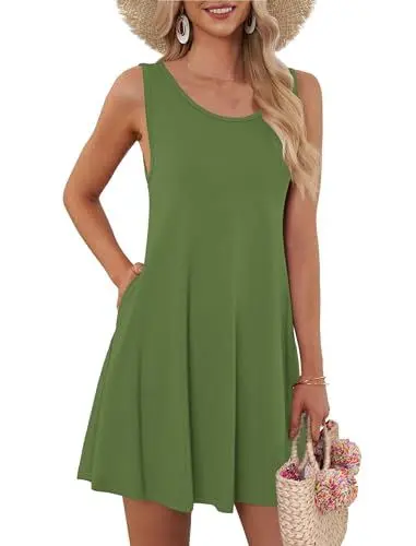 Produktbild: AUSELILY Sommerkleid Damen Rundhals Knielang Freizeitkleider Strand Trägerkleid mit Taschen