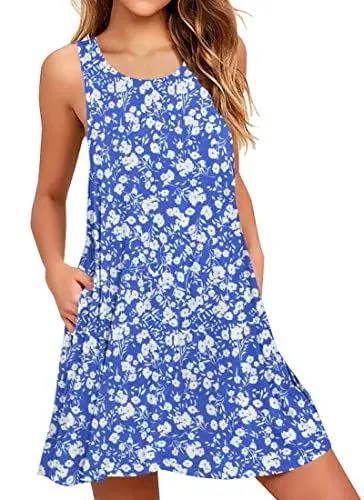 Produktbild: AUSELILY Sommerkleid Damen Rundhals Knielang Freizeitkleider Strand Trägerkleid mit Taschen Blaue Blumen 2XL