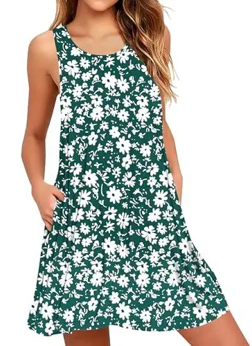 Produktbild: AUSELILY Sommerkleid Damen Rundhals Knielang Freizeitkleider Strand Trägerkleid mit Taschen Grüne Blumen L