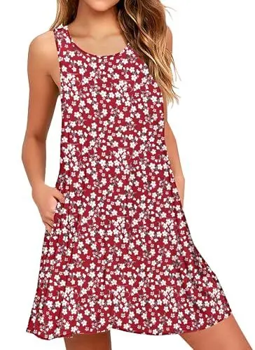 Produktbild: AUSELILY Sommerkleid Damen Rundhals Knielang Freizeitkleider Strand Trägerkleid mit Taschen Rote Blumen 2XL
