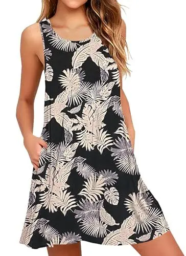 Produktbild: AUSELILY Sommerkleid Damen Rundhals Knielang Freizeitkleider Strand Trägerkleid mit Taschen Tropischer Regenwald 2XL