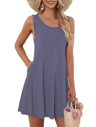 Produktbild: AUSELILY Sommerkleid Damen Rundhals Knielang Freizeitkleider Strand Trägerkleid mit Taschen Violett Grau,M