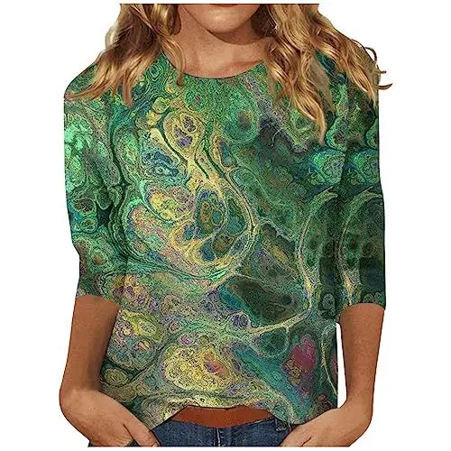 Produktbild: Ausgefallene T Shirts Damen Langarm Glitzer Oberteile Damen Party Damen Tshirt 3/4 Arm Baumwolle Bunt Damenblusen Damen Blusen Damenblusen 3/4 Arm Sportlich Damenblusen Bunt Grün XL