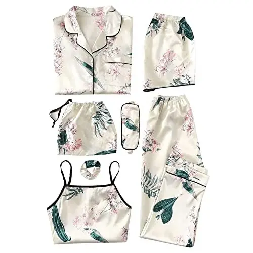 Produktbild: Ausla Damen 4-teiliges Lounge-Set, Pyjama, Sexy Cami mit Button-Down-Langarmhemd, Pyjama-Nachtwäsche-Set mit Augenklappe(L-12)