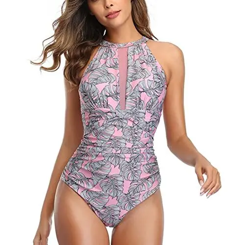 Produktbild: Ausla Damen Badeanzug Neckholder Bademoden Print Einteilige Tankini Swimsuits(m-Rosa)