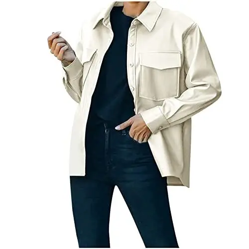 Produktbild: Ausla Damen Jacke mit Knopfleiste und Umlegekragen für Winter, Einreihige Langarmjacke mit Brusttaschen(S-Aprikose)