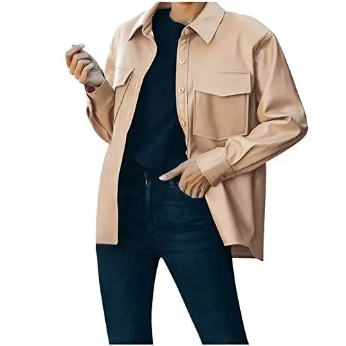 Produktbild: Ausla Damen Jacke mit Knopfleiste und Umlegekragen für Winter, Einreihige Langarmjacke mit Brusttaschen(XXL-Khaki)