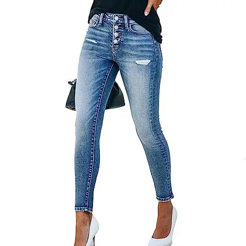 Produktbild: Ausla Damen Jeans Slim Fit Röhrenjeans Bleistiftjean Mit Seitentaschen High Waist Jeans Freizeithose (L)