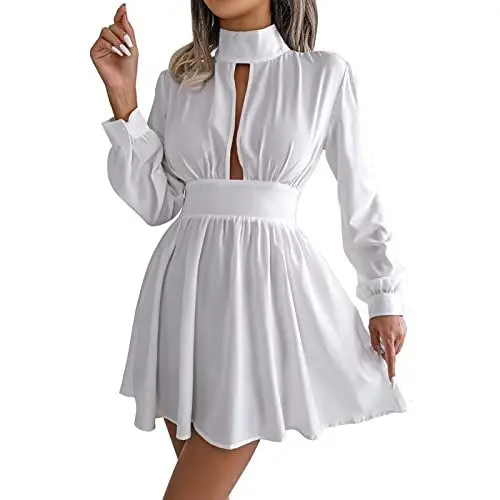 Produktbild: Ausla Damen Kleid Elegant Mini Kleider Langen Ärmeln Blusekleid Tunika Kleider Strandkleid (M-Weiß)