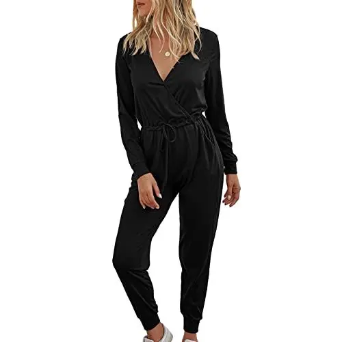 Produktbild: Ausla Damen Langarmshirt Jumpsuit Kreuzausschnitt Overall Hosenanzug Playsuit mit Kordelzug Romper(S-Schwarz)
