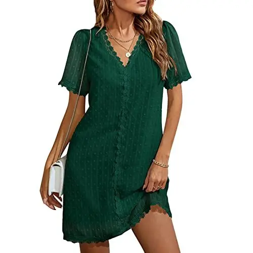 Produktbild: Ausla Damen Sommer V-Ausschnitt Kurzarm Spitzen Swiss Dot Etuikleid Elegant Hochzeitsgast Lässige Mini Partykleid Freizeitkleid Cocktailkleid(S-Grün)