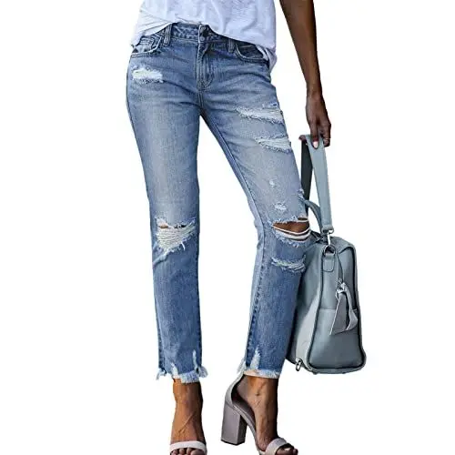 Produktbild: Ausla Elastische Skinny-Jeanshose für Damen Im Distressed-Look, Mittlere Taille, Used-Look, Roher Saum, Cutout-Denimhose, Zerrissene Jeans (S)