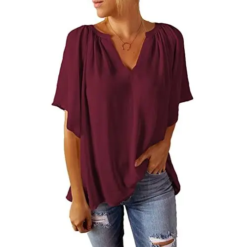 Produktbild: Ausla Lässige Volant-Kurzarm-Plissee-Front für Damen, Lose Chiffon-Bluse mit V-Ausschnitt (XXL)