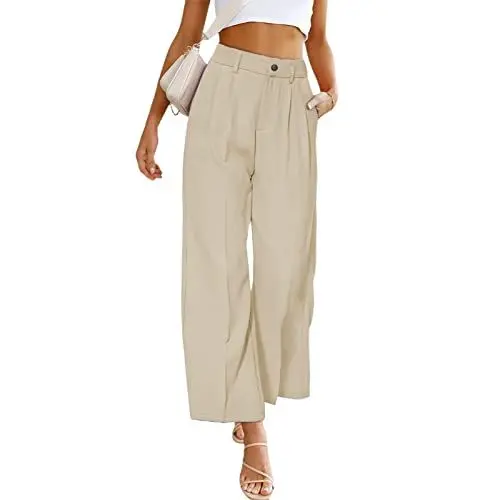 Produktbild: Ausla Leinenhose Damen Lang Culotte High Waist Sommerhose Elegant Bequem Stoff Luftig Locker Stoffhose mit Tasten (L)