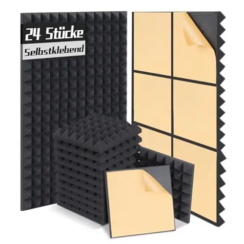 Produktbild: Auslet Akustikschaumstoff Selbstklebend,Schalldämmung Akustikpaneele 24 Stück,Hoher Dichte Schaumstoffplatte,Pyramide Schallschutzmatte für Aufnahmestudio Büro,Tonstudio,Haus,30 x 30 x 5cm