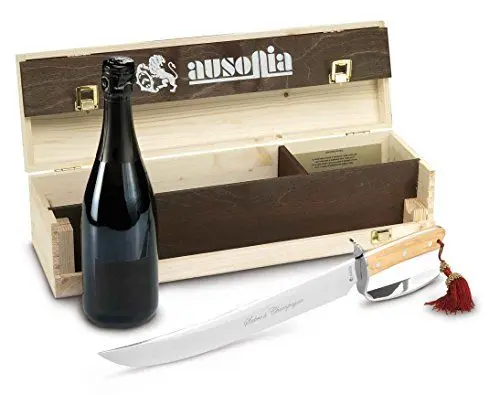 Produktbild: Ausonia - 61355 GESCHENKBOX AUS HOLZ MIT CHAMPAGNER-SÄBEL MIT KLINGE AUS GEHÄRTETEM AISI 420 MA4 EDELSTAHL MIT OLIVENHOLZGRIFF 34 CM UND EINE FLASCHE PROSECCO DI VALDOBBIADENE DOCG.