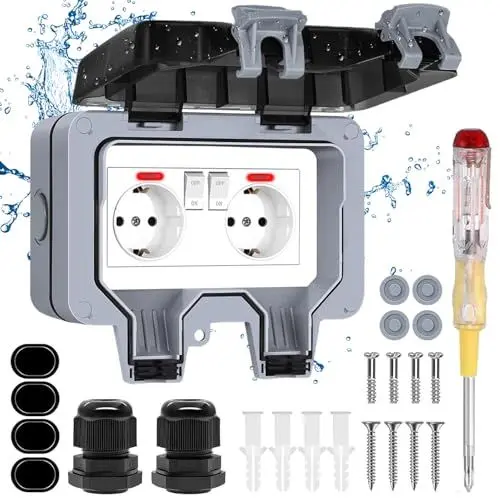 Produktbild: Außensteckdose Wasserdicht 2 Fach Outdoor Steckdose IP66 mit Schalter Kontrollleuchte, Aussensteckdose Wandsteckdose Gartensteckdose mit Abschließbar Klappdeckel für Garten Außenbereich Feuchträume
