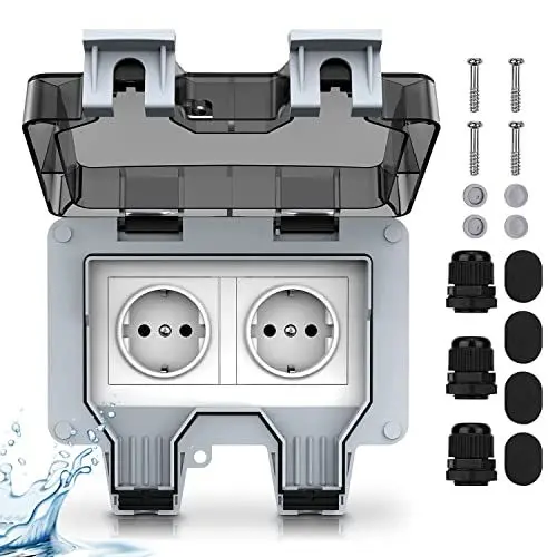 Produktbild: Aussensteckdose Wasserdicht - 2-Fach Outdoor Steckdose IP66 Wasserdichte Steckdose, 16A Gartensteckdose Wetterfest Außensteckdose mit Klappdeckel, Steckdose Aufputz für Feuchtraum im Freien