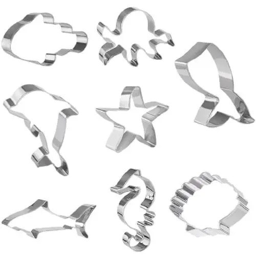 Produktbild: Ausstechformen Set, 8 Stück Ausstecher Plätzchenformen Ozean Kreatur Keksausstecher Edelstahl Delphin Seestern Muscheln Seepferdchen Clownfisch Hai Meerjungfrau Schwanz
