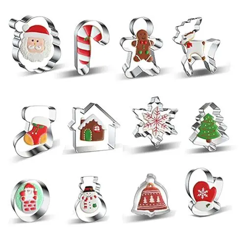 Produktbild: Ausstechformen Weihnachten, 12 Stück Rostfreier Stahl Ausstecher Keksausstecher Stempel Ausstechform Plätzchenausstecher Set, Verschiedene Motive zum Ausstechen von Plätzchen Keksen Fondant
