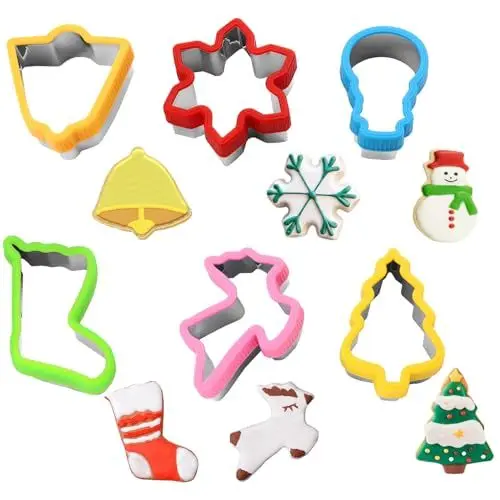 Produktbild: Ausstechformen Weihnachten Set, 6 Stücke Sandwich Ausstecher mit Schutzgriff Edelstahl Brotausstecher Schneemann Weihnachtsbaum Rentier Schneeflocken Plätzchenausstecher Backen Formen