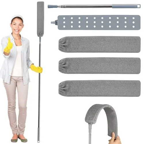 Produktbild: Ausziehbare Staub-Reinigungsbürste, Einziehbarer Spalt-Staubreiniger Flach, Waschbar, 2.5M Edelstahl Staubwedel Teleskop Stange mit 3 Mikrofasern Staubwischer, für Schlafsofa Möbelboden Staub