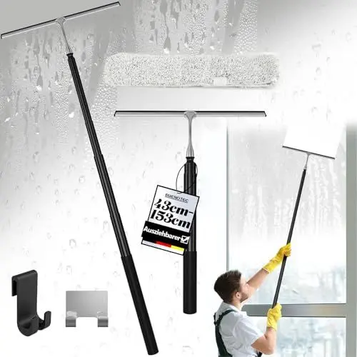Produktbild: Ausziehbarer Duschabzieher Langer Stiel 43-153cm - Abzieher Dusche Schwarz mit Edelstahl Teleskopstange - Duschkabinenabzieher Duschwischer Fensterputzer mit Haken - Wasserabzieher für Badezimmer