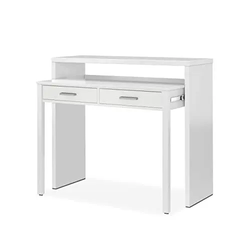 Produktbild: Ausziehbarer Konsolenschreibtisch mit zwei Schubladen, mattweiße Farbe, Maße 98 x 87 x 36 cm (ausziehbar bis 66 cm)