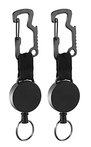 Produktbild: Ausziehbarer Schlüsselanhänger, SchlüSselband Ausziehbar mit Multitool Karabiner, SchlüSselrolle mit Stahldrahtschnur bis zu 63 cm, schwarz