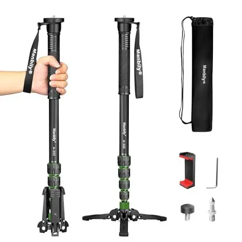 Produktbild: Ausziehbares Kamera-Einbeinstativ Manbily aus Aluminium mit Füßen, tragbarer Reise- und abnehmbarer Stativfuß für DSLR Canon/Sony/Handy, 5 Abschnitte bis zu 170 cm, maximale Belastung 15,5 lbs (A-222)