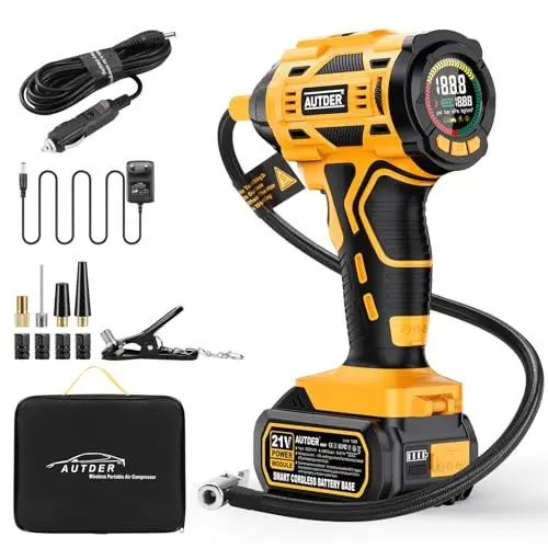 Produktbild: AUTDER Akku Luftkompressor 180 PSI – Tragbare Reifenpumpe mit 21V wiederaufladbarem Akku & 12V DC Auto-Adapter, Digitaler Luftkompressor für Auto, Motorrad, Fahrrad & Sportbälle – Gelb