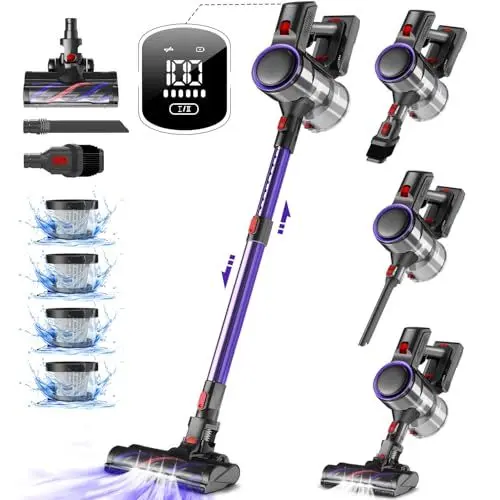 Produktbild: Authmic Akku Staubsauger, 45000Pa Kabelloser staubsauger mit H13 HEPA, Staubsauger Kabellos mit Touchscreen, bis zu 50 Minuten, Anti-Tangle-Bürste, für Hartböden, Teppich und Tierhaare