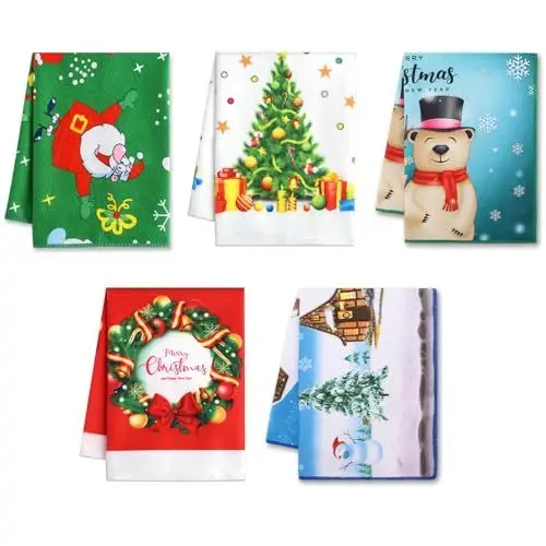 Produktbild: Autilify Geschirrtücher für Weihnachtsdeko-5er-Set Microfaser Küchentücher Geschirrhandtücher-Geschirrtuch,Küchenhandtücher,Küchentuch,Handtuch-Set (Merry Christmas)