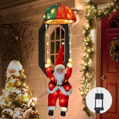 Produktbild: Auting LED Fallschirm Weihnachtsmann Lichterkette, 8 Modi Weihnachtsbeleuchtung mit Timer, Speicherfunktion, Hängende Weihnachtsbeleuchtung für Innen Außen Fenster Weihnachten Deko (Warmweiß)
