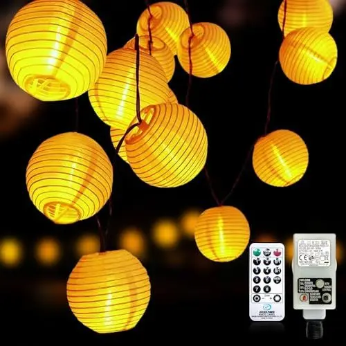 Produktbild: Auting Lichterkette Lampions Außen/Innen, 5 Meter 20 LED Laternen 8 modi Lichterkette Lampion mit Fernbedienung Memoryfunktion Timer Stecker Laterne für Garten, Hof, Hochzeit, Fest Deko (Warmweiß)