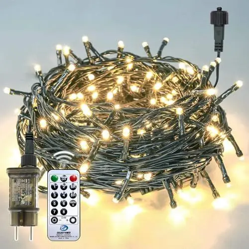 Produktbild: Auting Lichterkette außen Warmweiß 100LEDs, 13M grünes Kabel Lichterkette Weihnachtsbaum Strom mit Fernbedienung und Timer, 8 Modi wasserdicht Lichterketten für Garten Hochzeit Party Weihnachtsde