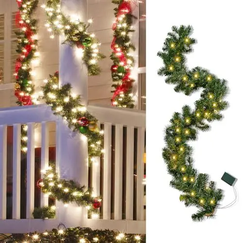 Produktbild: Auting Weihnachten Girlande mit Beleuchtung,1 Stück 50LED 2.7M Warmweiß Girlande Tannengrün Weihnachten Deko Batteriebetriebene mit Timer, Weihnachtsdeko Tannengirlande Lichterkette für Innen & aussen