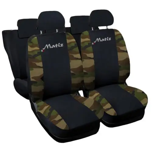 Produktbild: Auto Accessori Lupex - Autositzbezüge kompatibel mit Matiz, schwarz camouflage grün, Made in Italy, Polyestergewebe, komplettes Sitzbezug-Set, mit Stickerei Modellnamen
