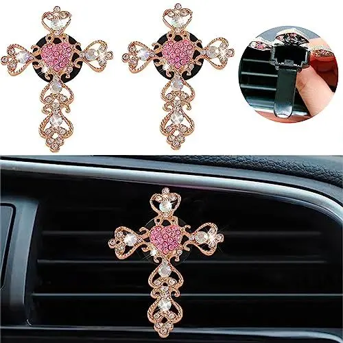 Produktbild: Auto Car Duft Autoduft Zubehör Deko Autozubehör Dekoration Innenraum Innen Accessories Lüftungsschlitz Glücksbringer Frauen Bling Kreuz Kruzifix, 2 Stück