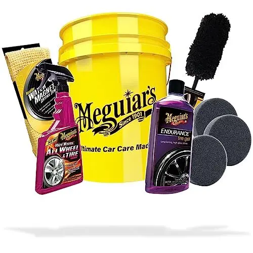 Produktbild: Auto Felgenpflege & Reifenpflege Set | Meguiar's: Grit Guard Eimer 5GAL - Felgenreiniger - Reifenglanz - Felgenbürste - Trockentuch | optimale Reinigung für Alufelgen - Glanz für Reifen